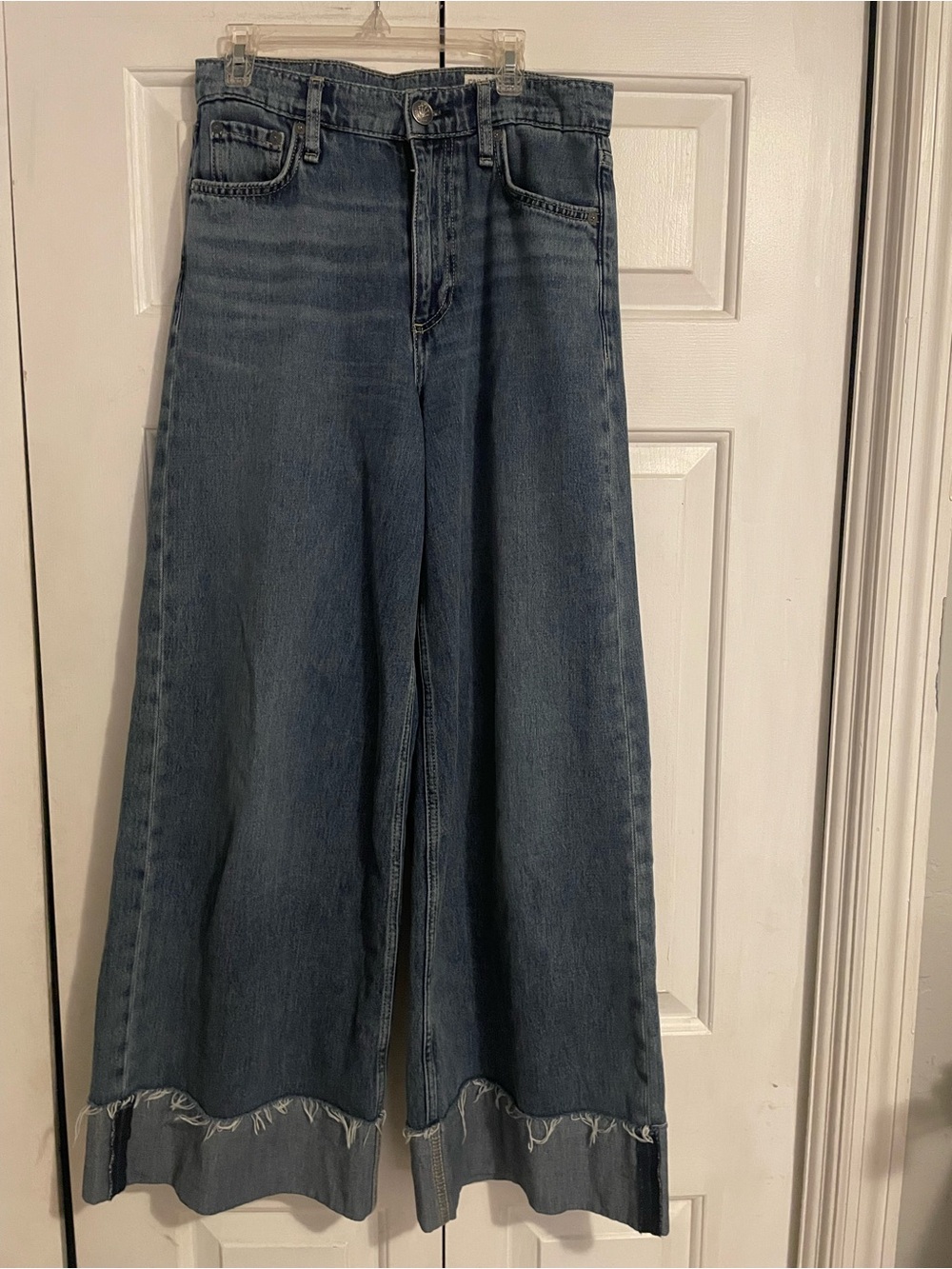 rag & bone Wide-Leg High-Rise Jeans in Medium Blue with Frayed Hem size 25
